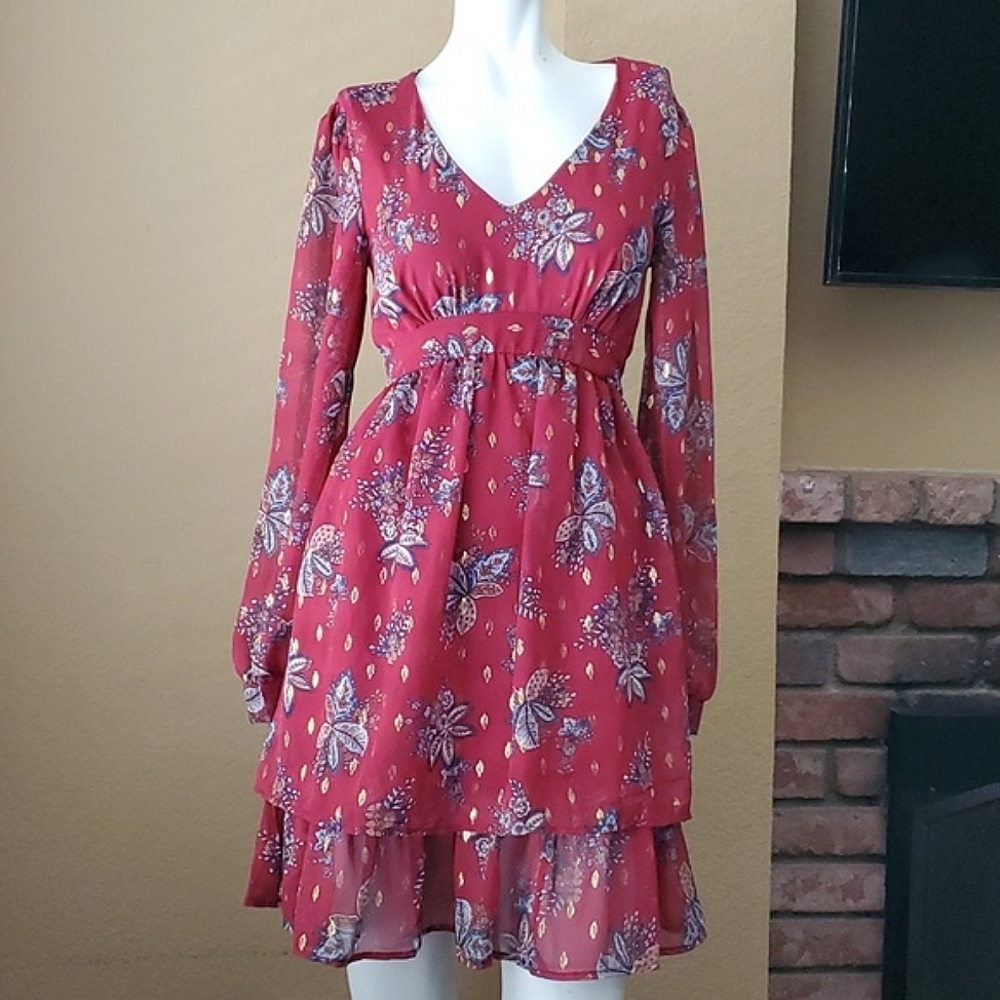 🆕FRANCESCA'S COLLECTION Mi Ami Burgundy V-Neck Floral Long Sleeve Dress SIZE: S